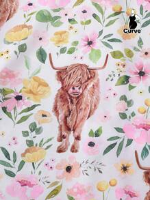 2 Pieces Set Highland Cow Print Women Plus Size Sleepwear Set, Including Soft Short Sleeve Collared Button Shirt Top And Elastic Waist Loose Shorts, Stylish Loungewear For Holiday Party, Home & Outdoor Casual Use