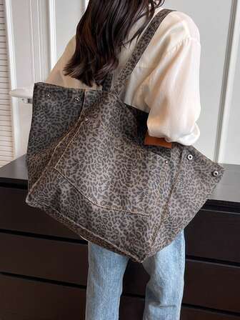 Large Capacity Leopard Print Shoulder Tote Bag, Casual Shopping, Travel, Vacation Backpack