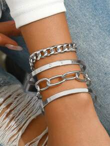 4pcs/Set Punk Metal Style Hollow Chain & Disc Pendant Bracelet (Special Material, Avoid Contact With Water) - White K - View 2