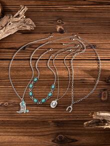 3pcs/4pcs Set Bohemian Style Faux Turquoise Inlaid Cowboy Boots, Cowboy Hat, Bull Head Pendant Necklace, Luxurious Versatile Wedding/Party Necklace Gift For Women - Necklace - View 8