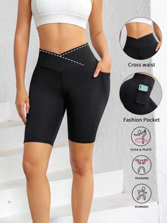1 件高腰瑜伽短裤，带口袋，提臀运动压缩短裤，女士运动风格健身运动服