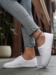 Zapatillas clásicas blancas para hombre, zapatos de lona blancos de caña baja, zapatos deportivos casuales de lona ligeros - Blanco - Ver 5