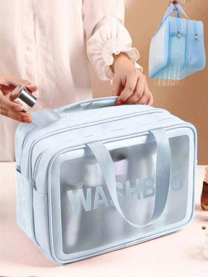 1pc Pvc Dry And Wet Separation Clear Wash Bag Cosmetic Bag Organizer Portable Waterproof Double Layer Toiletry Makeup Bags Convenient Travel Handbag For Skin Care Products, Beauty Makeup, Makeup Brushes, Powder, Lipstick, Suitable For Beach, School, Bathroom, Festival, Valentine's Day Gift, Christmas, Suitable For Mother, Family, Friends, Classmate