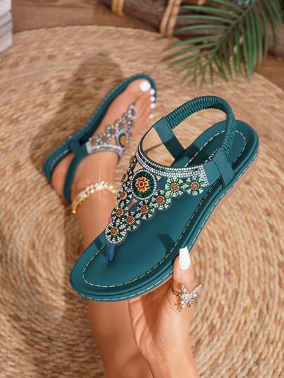 Sandali estivi da donna 2025 con punta aperta e strass, con suola piatta e rotonda