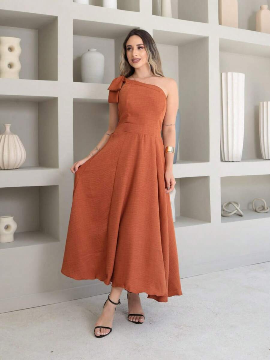 Helena Luxury Dune Linen Midi Dress With Bow On The Sleeve - Burnt Orange - View 1
