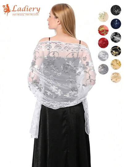 1 件女士时尚优雅波西米亚风格亮片刺绣披肩/围巾，适合婚纱、新娘礼服、伴娘、舞会、晚会