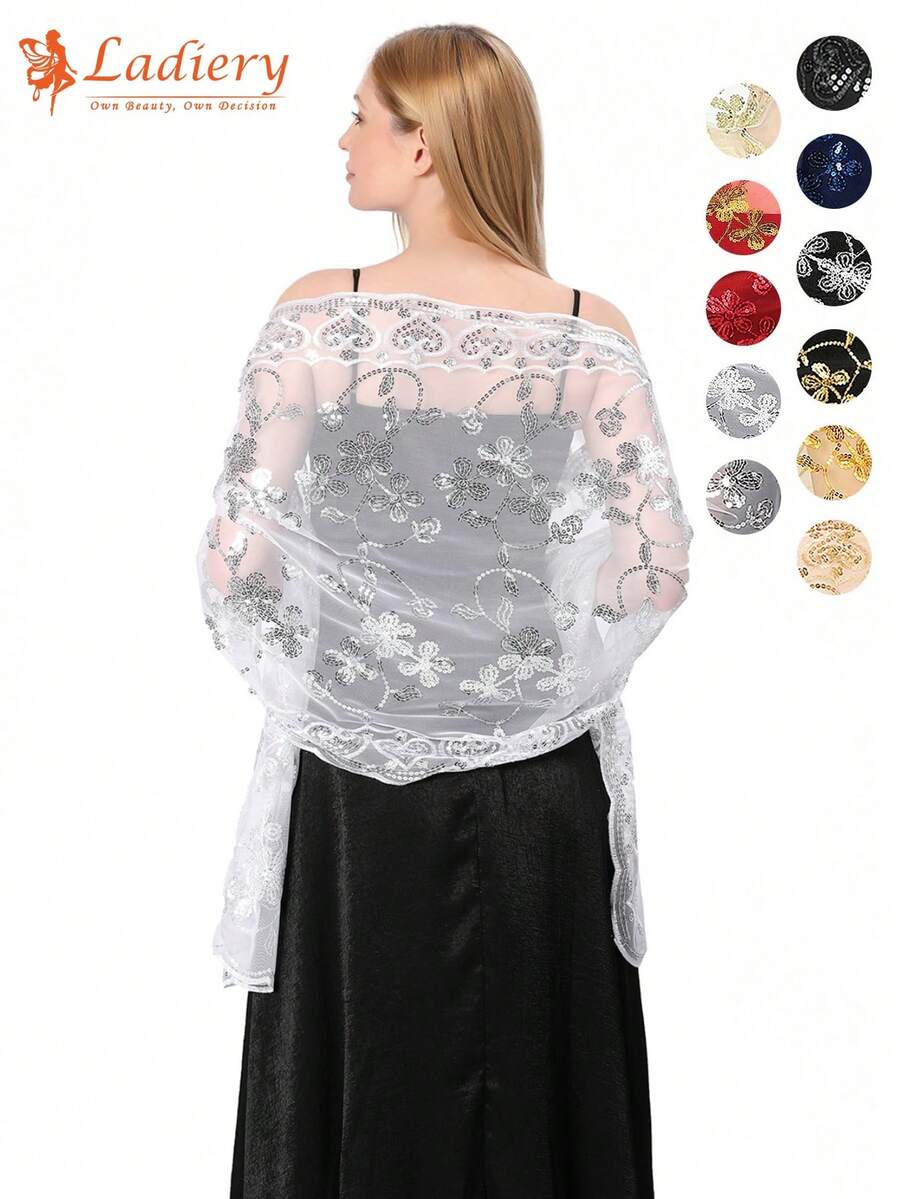 1 件女士时尚优雅波西米亚风格亮片刺绣披肩/围巾，适合婚纱、新娘礼服、伴娘、舞会、晚会