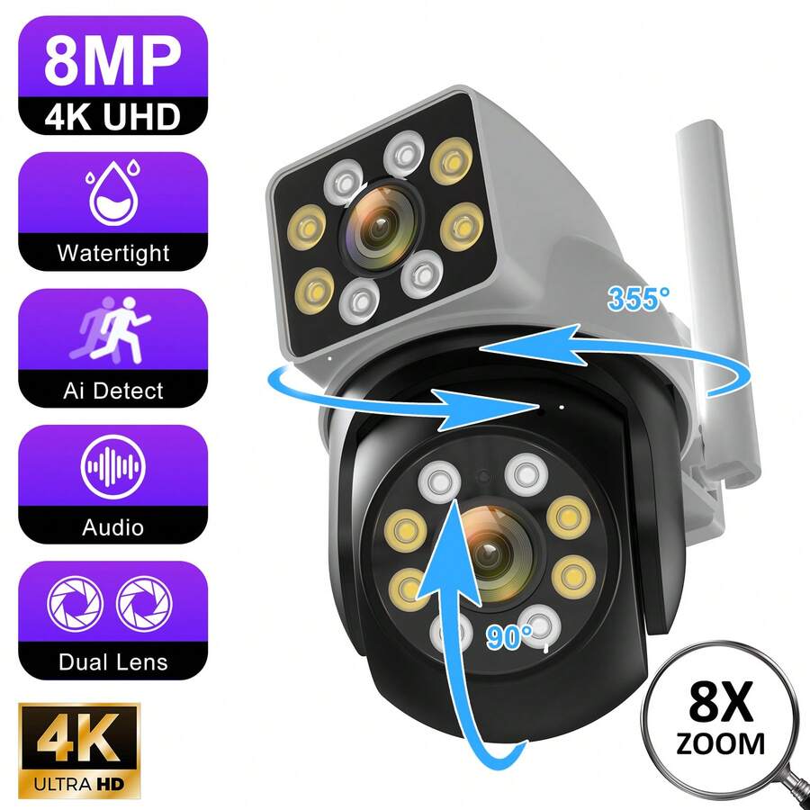 Cámara al aire libre 8MP WiFi 4mp doble Lente doble pantalla visión nocturna a todo color ai seguimiento automático de la Cámara de red monitoreo de cámara 8x zoom - Blanco - Ver 1