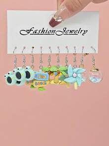 10pcs/12pcs/32pcs Cross-Border New Cute Cartoon Imitation Food Animal Resin Acrylic Earring Set, Women Dopamine Style Ice Cream, Bee, Cherry, Cheese, Orange Pendant Earring Jewelry - Multicolor - View 6
