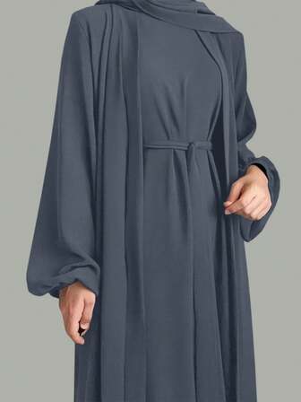 Dam Enfärgad Bekväm Avslappnad Lös Öppen Fram Kofta + Ärmlös Maxiklänning Tvådelat Set Abaya Morgonrock Med Bälte - Ingen Huvudduk, Snabb Leverans