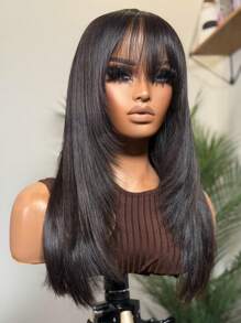 Peluca recta negra larga de 30 pulgadas con flequillo, densidad del 200%, sin encaje frontal, negro natural, totalmente hecha a máquina, para uso en disfraces, fiestas, diario y escuela para mujeres de moda