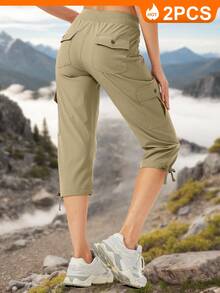 2 Piece Set Women's Cargo Capris Hiking Pants Lightweight Quick Dry Outdoor Athletic Travel Casual Loose Comfy Cute Pockets - 黑色-落葉綠 - 查看 2