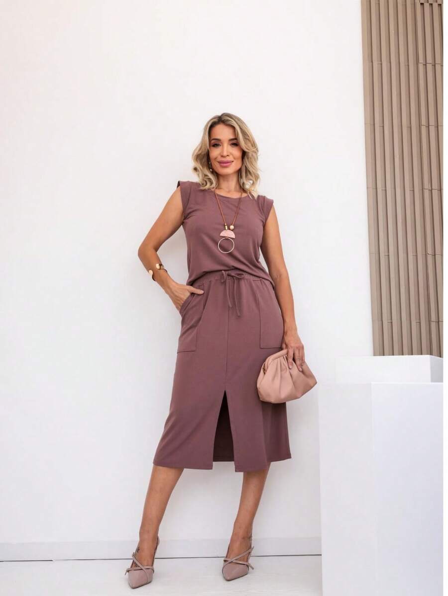 Women's Premium Fleece Midi Skirt Set - 巧克力棕 - 查看 1