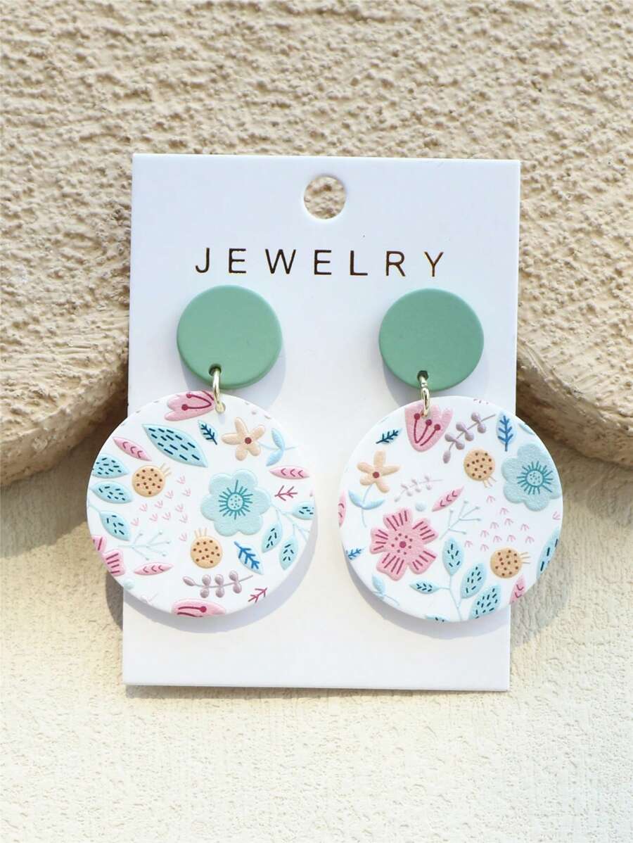 1 Pair Women Elegant Cute Floral & Grass Print Random Pattern Acrylic Round Dangle Earrings, Ceramic Texture