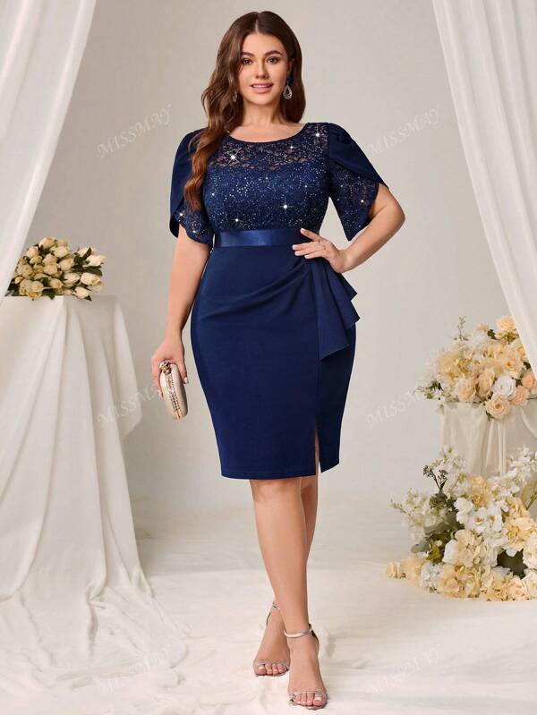 Plus Sequin Floral Lace Contrast Petal Sleeve Ruffle Split Thigh Elegant Party Bodycon Dress, Semi Formal Wedding Guest Dress, For Birthday, Graduation, Dinner Date, Business Work,Cocktail