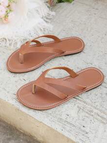 Sandálias femininas de tiras planas, chinelos de praia de verão estilo férias - Castanho - Ver 7