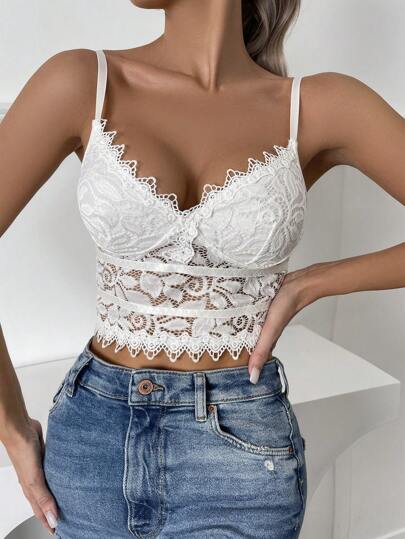EZNV 1pc Lace Trim Sheer Cami Top Sexy Under/Outerwear Lingerie