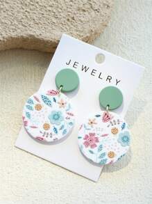 1 Pair Women Elegant Cute Floral & Grass Print Random Pattern Acrylic Round Dangle Earrings, Ceramic Texture