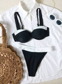 Nuovo arrivo Stile europeo e americano Set bikini in colore unito sexy a contrasto, adatto per vacanze