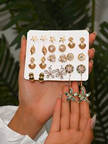 5 Pairs/Set Fashionable Elegant Replaceable Colorful Rhinestones, Butterfly Rings, Leaf Earrings Set Alloy Jewelry Accessories Daily Wear Festive Exquisite Anniversary Gift