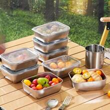 5 pezzi Contenitori per alimenti in acciaio inossidabile con coperchi - Perfetti per picnic, preparazione dei pasti, organizzazione del frigorifero - Per contatto con gli alimenti, senza elettricità necessaria, elementi essenziali per il picnic|Tovaglia a scacchi per la decorazione|Contenitori per alimenti durevoli, forniture essenziali per il picnic