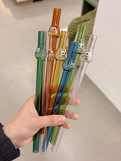 3 件可爱卡通大眼玻璃吸管带刷，彩色可重复使用饮用吸管，适用于冰沙、珍珠奶茶、奶昔、派对用品，易于清洁
