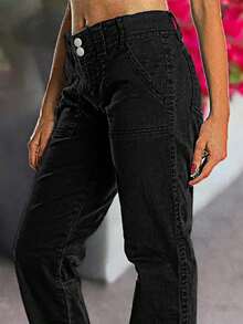Mid Rise Jeans For Women Wid Leg Straight Leg Flare Pants - Black - View 5