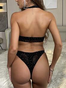 Lingerie Sexy Fishnet Rhinestone Lingerie Body Stocking, Striped Bikini Cover Up - Black - View 2