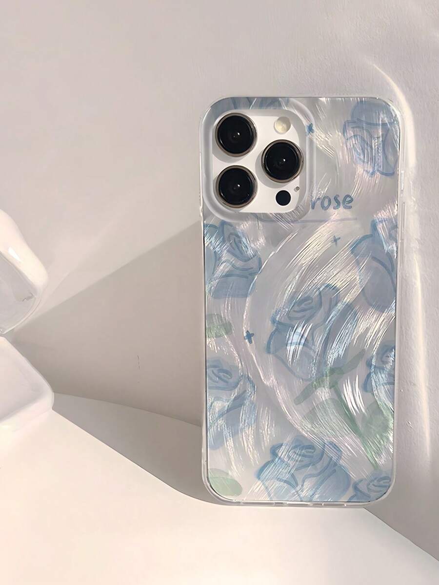 Funda de teléfono suave, a prueba de golpes y resbalones, con patrón de rosa azul claro brillante, resistente al agua, compatible con 16/16 Pro/16 Pro Max/16 Plus
