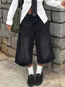 Distressed Streetwear Baggy Denim Bermuda Shorts - Black - View 3