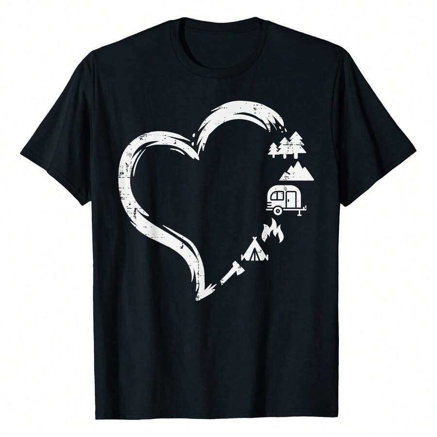 Trees RV Van Campfire Tent Heart Cute Love Camping Camper T-Shirt WoWoWomen's Plus Size Graphic Tee - Black - View 1