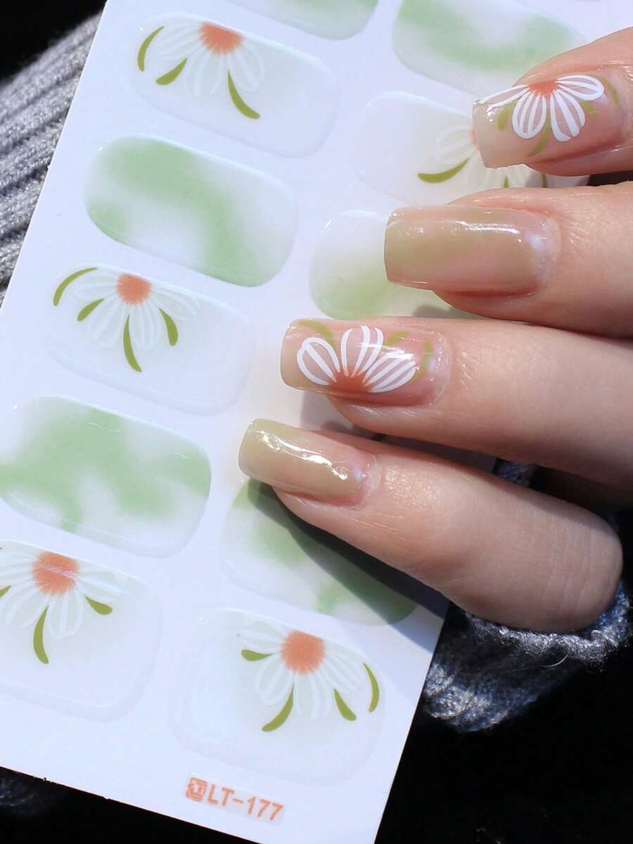 1 miếng dán móng tay tự dính họa tiết hoa che phủ toàn bộ, miếng dán trang trí móng tay hình hoa màu xanh lá cây nhạt