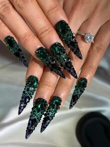 45 毫米超长细高跟指甲法式按压指甲多色指甲贴，全覆盖水钻闪亮，3D 色块设计和前卫 Y2K 图案全覆盖奢华光泽假指甲 10 件/套美甲用品指甲