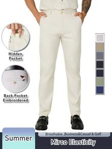 Men's Solid Color Lightweight Cotton Blend Dress Pants - Summer Business Casual Chinos, Straight Leg, Classic , Perfect For Office & Casual Attire - Màu be - Xem 6