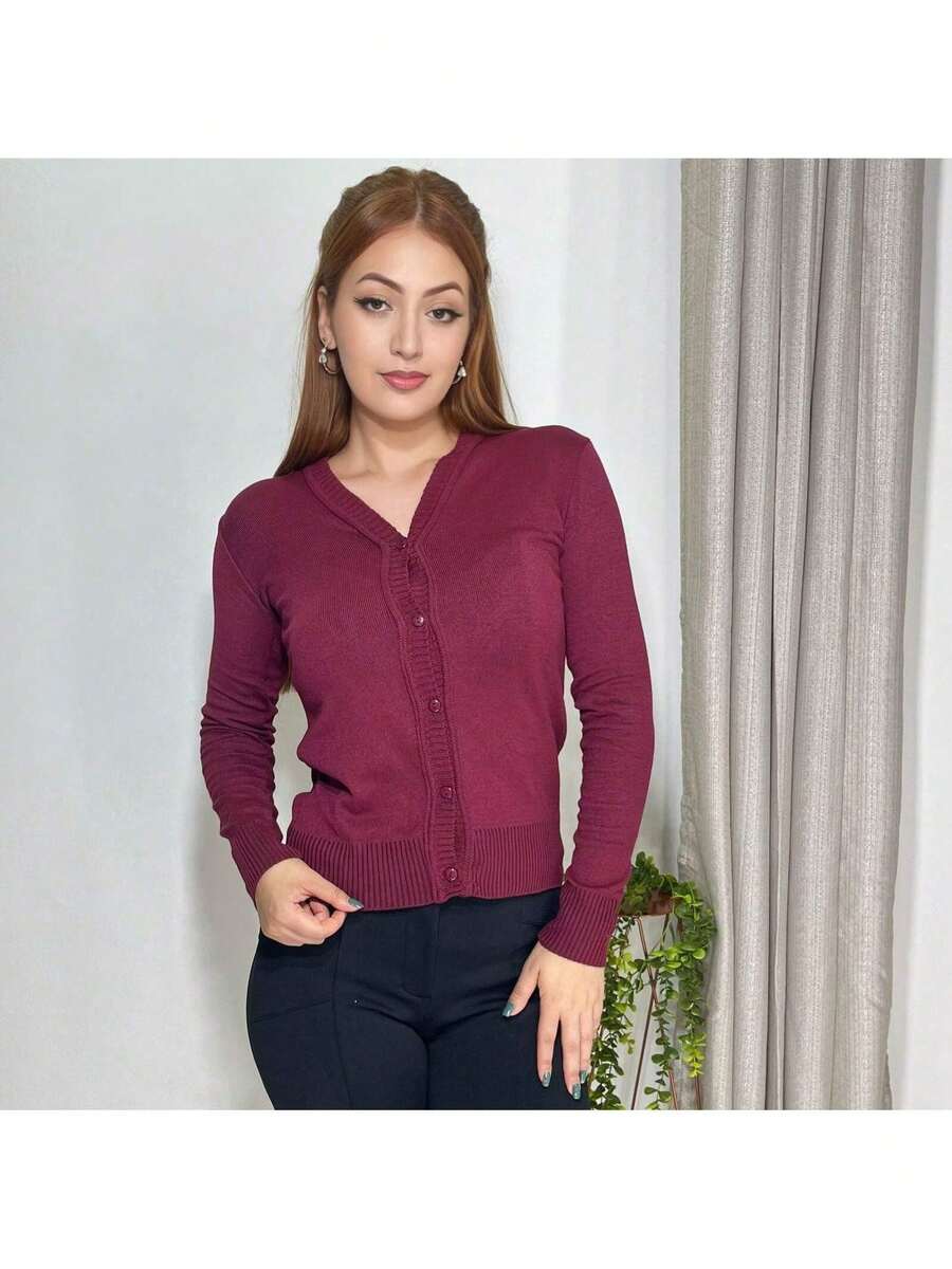 Women's Knitted Linen Cardigan With Button Closure - Color caoba - Ver 1