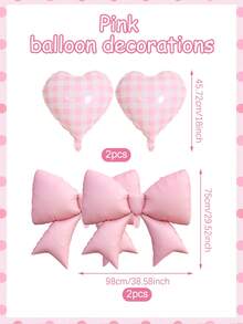 4 件粉色蝴蝶结和格子心形气球套装，包括大蝴蝶结，新款粉色心形氦气球，适用于生日装饰、新娘送礼会、婚礼、订婚、周年纪念、生日、情人节装饰、单身派对装饰、婴儿送礼会、女孩生日派对、公主派对、茶会装饰、室内室外背景装饰、性别揭示 - 彩色 - 查看 2
