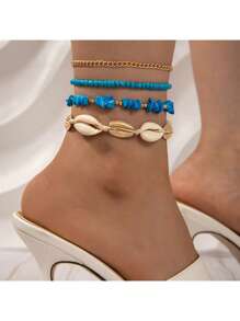 1-7pcs Bohemian Style Starfish & Beaded Braided Bracelets For Girls, Ocean Theme, Beach, Seashell, Beige & Ivory,Bracelets For Women,Summer Jewelry,Gold Jewelry Women