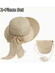 2 Pieces Set: Women's Bow Wide Brim Sun Hat And Cross-Body Bag, Summer Sun Protection Beach Hat With UV Protection - Multicolor - View 5