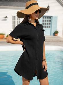 Women's Casual Black Collar Button Mini Shirt Dress