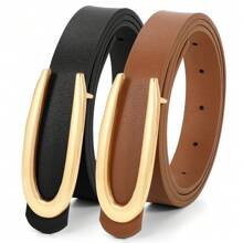 2pcs Solid Color Casual PU Leather Women Thin Waist Belt, Adjustable For Spring & Summer