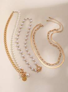 4 pièces Set Collier et Bracelet Chaîne Dorée Élégante Décorés avec Perles Imitation - Bijoux en Métal Polyvalents Conviennent pour un Port Quotidien