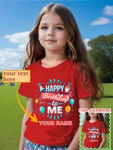 Happy Birthday To Me Personalized Birthday Hat, Cake, Creative Print Pattern Girls Fashion T-Shirt, Girls Children Sports Casual Short Sleeve Top, Fast Delivery, Red - Red - View 1