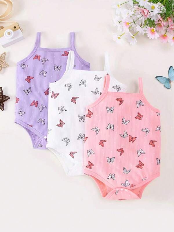 3pcs Baby Girls' Sleeveless Romper, Summer New Style Breathable Ribbed Ribbed Romper, Cute Butterfly Print Baby Girl Romper