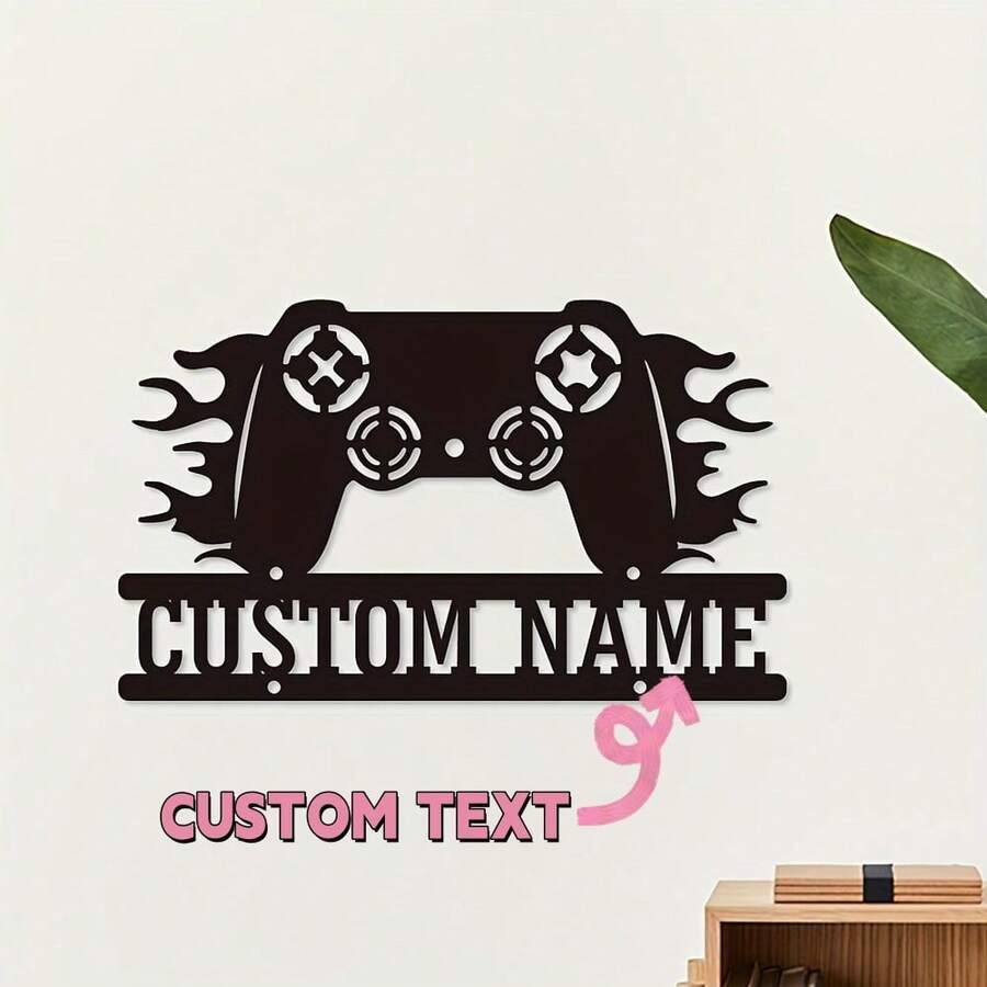 Customizable Gamer Metal Wall Art, Personalized Video Game Controller Logo, Decorative Iron Sign For Game Room Home Decor - Black - View 1