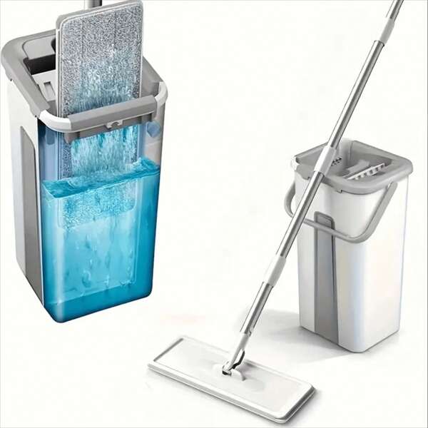 Fußbodenreinigungssystem mit Hände freier Flachmop und Eimer-Set für professionelle Heimreinigung mit waschbaren Mikrofaser-Pads für Holzböden, Hände freie Flachmop und Eimer-Set, Reinigungsmop mit Mikrofaser, Haushaltsreinigungsmop und Eimer-Set, 1 Set