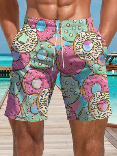 Pantalones cortos de playa de verano para hombres con estampado 3D de donas