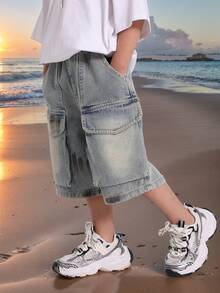 男童宽松工装牛仔七分裤（夏季） - 淺藍色 - 查看 6