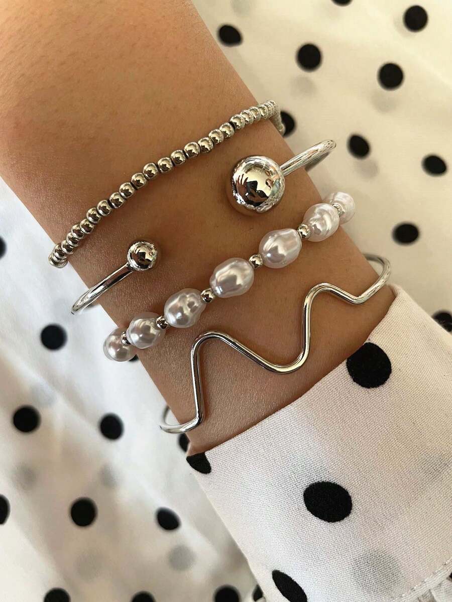 Set de 3/4/5/6/7 piezas de pulsera asimétrica con cadena y cuentas en tono dorado - Plateado - Ver 1