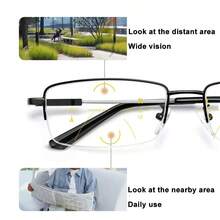 Gafas de lectura fotocromáticas 3 en 1, unisex, lentes multifocales, lentes de PC transparentes, marco de metal de titanio con memoria, estilo de negocios de media montura, adecuadas para computadora, TV, teléfono móvil, lectura y otros escenarios - Negro - Ver 3