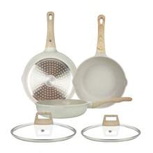 1pc/5pcs Aluminum Cookware Set, Frying Pan With Lid, Double Pouring Spouts, Thickened Bottom, Non-Stick Coating Wooden Handle Easy To Clean, Multi-Size Available, Suitable For Various Stove, Kitchen Cooking - Beige - View 7